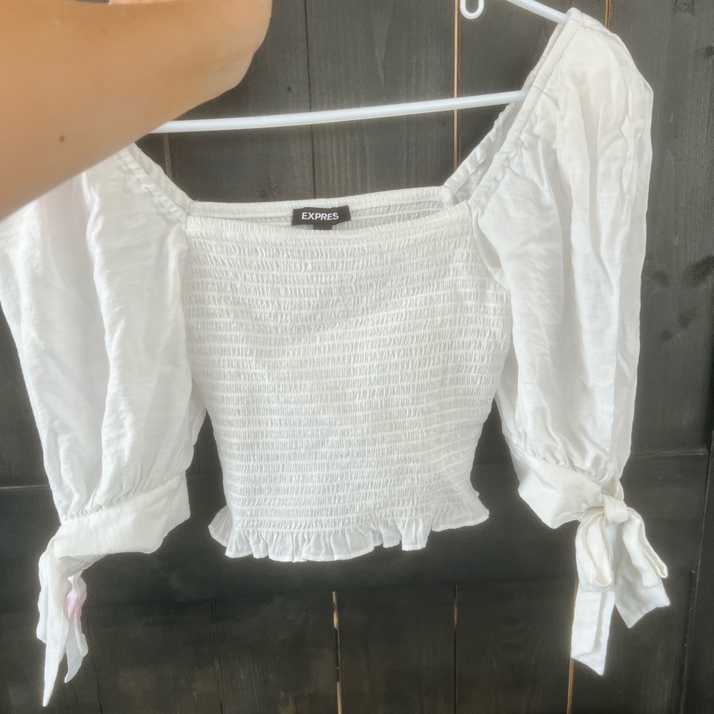 Express puff sleeve bow tie white stretch cropped viscose  top - Picture 3 of 6